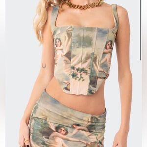 Edikted Halo Printed Corset Crop Top (L, Green)
